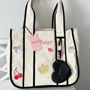 Juicy Couture Rule Breaker Embroidered Canvas Tote Bag Heart Pouch Natural NWT